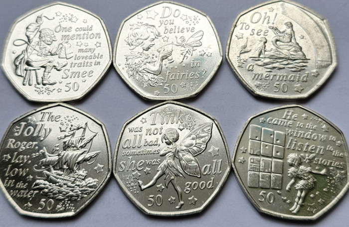 Set complet 6 monede 50 pence 2020 Isle of Man, Peter Pan Series II, unc-Aunc