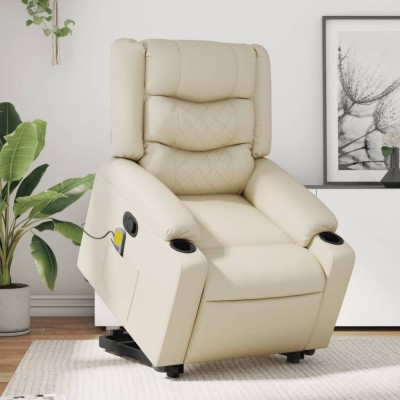 vidaXL Fotoliu rabatabil cu ridicare, crem, piele ecologică 3206556 foto