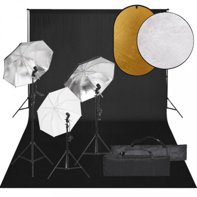 vidaXL Kit studio foto cu set de lumini, fundal și reflector 3094722 foto