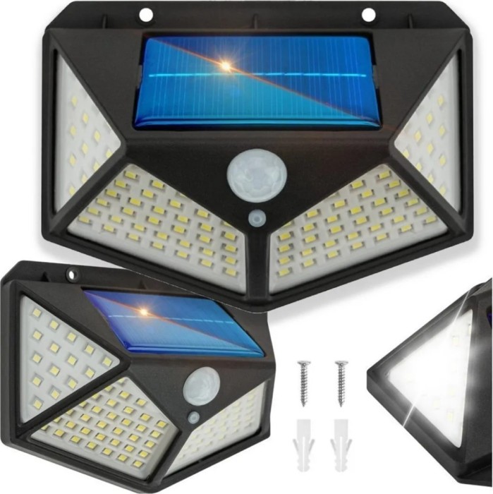 Lampa cu incarcare solara si 100 LED-uri, aprindere prin senzor de miscare, pentru exterior, culoare negru