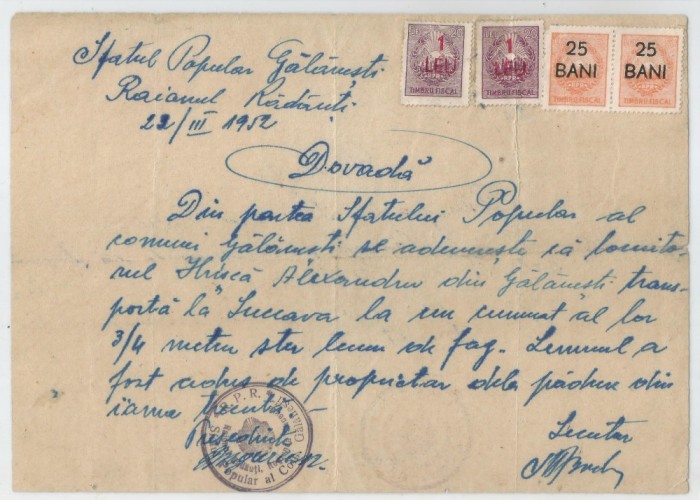 Romania, Sfatul Popular, Dovada, Galanesti, 1952