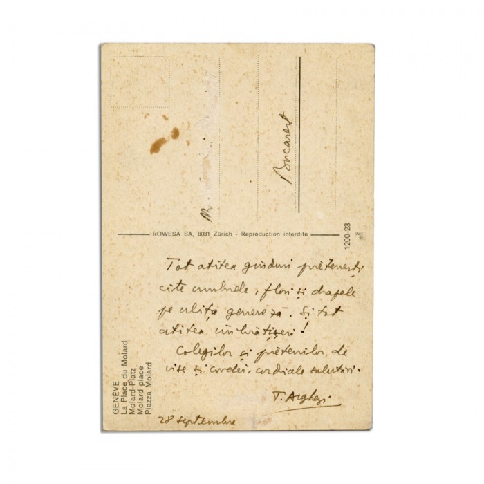 Tudor Arghezi, carte poștală de la Geneva, 28 septembrie