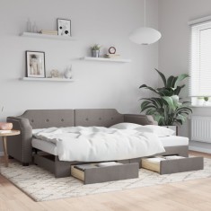 vidaXL Pat de zi cu extensie și sertare, gri taupe, 100x200 cm, textil