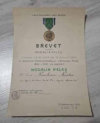 Brevet pt Medalia Peles 1933 foto