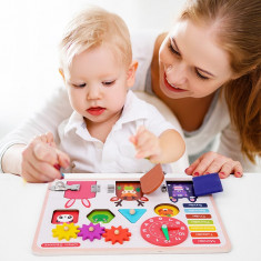 Jucarie educativa Montessori, placa activitati 5in1,cu incuietori,ceas,calendar