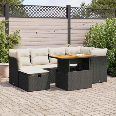 vidaXL Set canapele grădină perne 7 piese negru, poliratan/lemn acacia 3327973 foto
