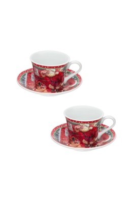Set 2 căni cu farfurii, porțelan, Moș Crăciun, 90 ml, roșu foto