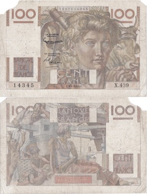 1952 (3 IV), 100 francs (P-128d.3) - Franța foto