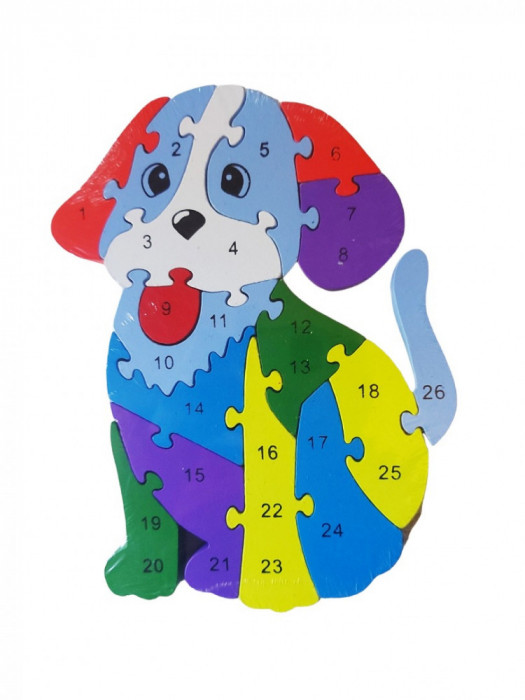 Puzzle 3D din lemn pentru copii cu Alfabet si Cifre, Catel, 26 piese, 24 cm, 18003SX