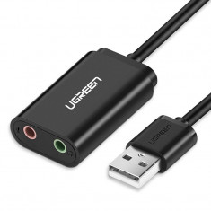 Adaptor / Placa de Sunet / Cablu Audio Extern, USB - Mini Jack 3.5 mm, Ugreen, 15cm, Negru foto