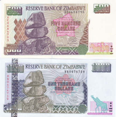 Bancnota Zimbabwe 500 si 1.000 Dolari 2001/2003 - P11a/12a UNC ( set x2 ) foto