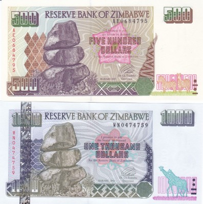 Bancnota Zimbabwe 500 si 1.000 Dolari 2001/2003 - P11a/12a UNC ( set x2 ) foto