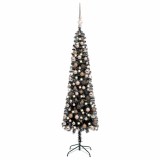 Brad de Crăciun pre-iluminat slim, set globuri, negru, 180 cm