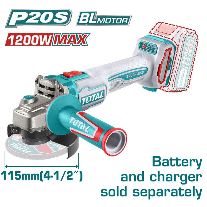 TOTAL - POLIZOR UNGHIULAR 20V - MOTOR FARA PERII (NU INCLUDE ACUMULATOR) PowerTool TopQuality