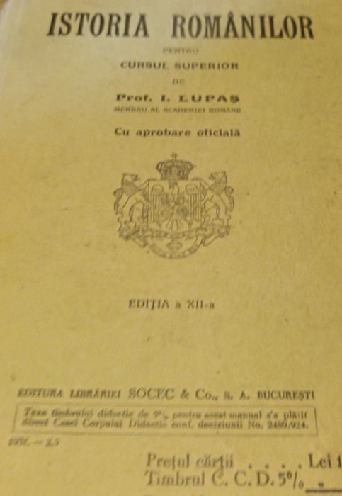 ISTORIA ROMANILOR PENTRU CURSUL SUPERIOR I LUPAS 1931