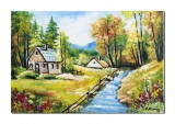 Cumpara ieftin Tablou Peisaj de la munte cu case taranesti si parau pictat manual, 60x40cm ulei pe panza, Constantin Feraru