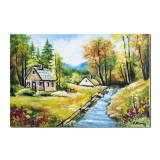 Tablou Peisaj de la munte cu case taranesti si parau pictat manual, 60x40cm ulei pe panza, Constantin Feraru