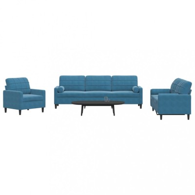 vidaXL Set de canapele cu perne/rulouri, 3 piese, albastru, catifea 3278460 foto