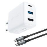 GaN 65W &icirc;ncărcător de rețea GaN 65W USB-C/USB Adaptor de rețea HDMI 4K cu cablu alb Acefast