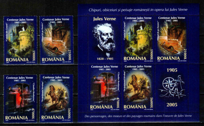 Romania 2005, LP 1678 + a, Centenar Jules Verne, serie + bloc, MNH! LP 31,50 lei