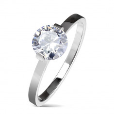 Inel argintiu de logodnă, din oțel, zirconiu rotund și transparent, brațe lucioase - Marime inel: 50