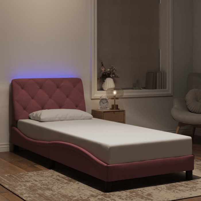 vidaXL Cadru de pat cu lumini LED, roz, 90x190 cm, catifea 3213830