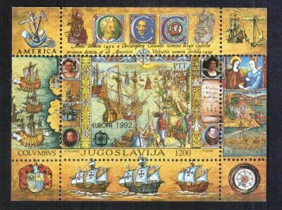 Iugoslavia 1992 - Europa, Columb, descoperirea Americii, vapoare, colita neuzata foto