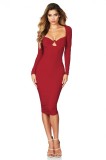 Rochie Midi Rosie Decupaj Bust, Maneci Lungi, Bodycon. Rochie de Seara Eleganta