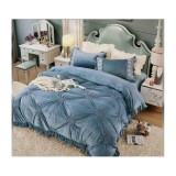 Cumpara ieftin Lenjerie de Pat, din Catifea cu Broderie pentru Pat Dublu, 4 Piese, Gri Albastrui - JO716