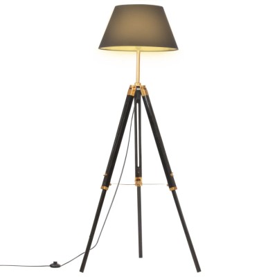 Lampa de podea trepied, negru si auriu, 141 cm, lemn masiv tec GartenMobel Dekor foto