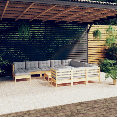 vidaXL Set mobilier grădină cu perne, 12 piese, gri, lemn masiv pin foto