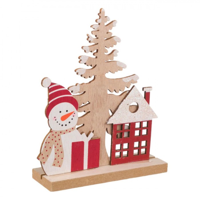 Decorațiune Crăciun, Model Om de Zăpadă, Multicolor, Dimensiuni 12x4x16 cm, Lemn