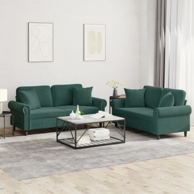 vidaXL Set canapea cu perne, 2 piese, verde &amp;icirc;nchis, catifea 3202232 foto