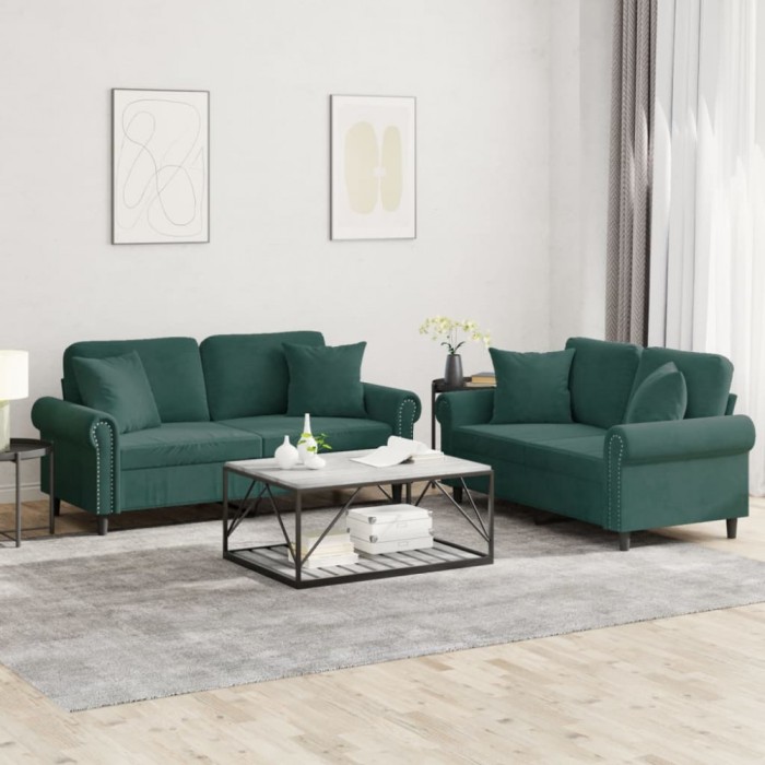 vidaXL Set canapea cu perne, 2 piese, verde &icirc;nchis, catifea 3202232