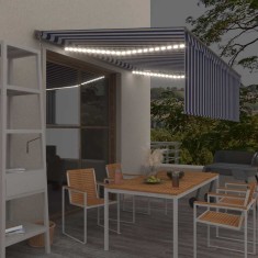 vidaXL Copertină automată cu stor&amp;senzor v&acirc;nt&amp;LED, albastru&amp;alb, 4x3 m