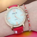 Set ceas casual de dama cu bratara inclusa, mecanism quartz, display analog, bratara rosu lucios, inchidere catarama