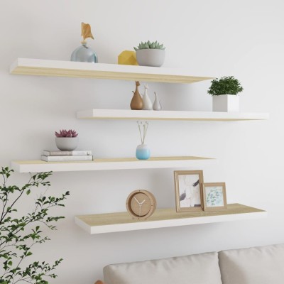 vidaXL Rafturi perete suspendate 4 buc. stejar/alb 90x23,5x3,8 cm MDF foto
