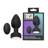 Vibrator anal TOOSH Light Up Vibrating Butt Plug, cu telecomandă, led multicolor, 10 funcții de vibrație, din silicon, 7.6 cm inserabili, negru