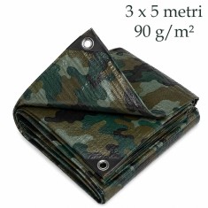 Prelata ranforsata 3x5 m, PE 90 g/mp, impermeabila, reutilizabila, rezistenta UV si intemperii, Army