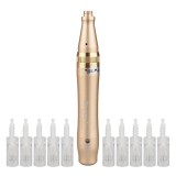 Aparat masaj facial, Dermapen, 10 capete rezerva cu 12 ace din titan, Dr.Pen Ultima M5-W, Wireless, Roz/Auriu