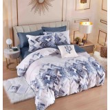 Lenjerie pat dublu,bumbac finet,6 piese,cearceaf cu elastic,alb gri cu romburi-A897