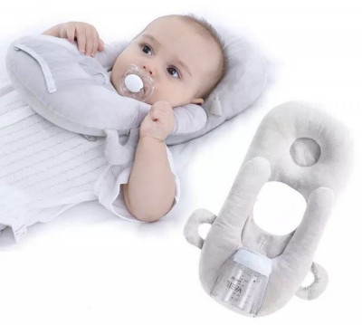 Perna alaptare portabila bebelusi cu suport de biberon detasabil, ANTADESIM, din catifea, 27 x 45 x 5 cm, Gri foto