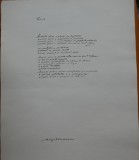 Manuscris de expozitie scris olograf de poetul Virgil Teodorescu, poezia Cina