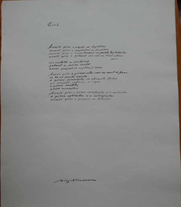 Manuscris de expozitie scris olograf de poetul Virgil Teodorescu, poezia Cina