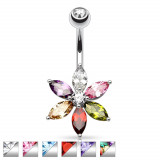 Piercing pentru buric, din oțel - floare lucioasă, petale &icirc;n formă de bob, culori diferite - Culoare: Aurora Boreală