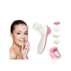 Perie facială electrică, 5 capete, alimentare baterii, 2 moduri, alb/roz