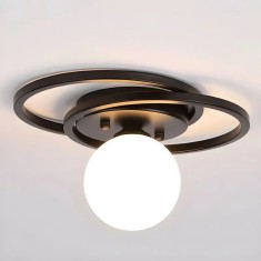 Lustra moderna cercuri si glob de sticla alba, culoare corp negru, dulie E27, diametru corp 28cm