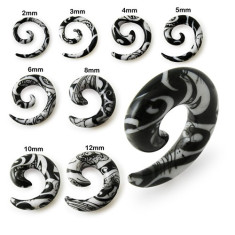 Expander spirală pentru ureche, alb cu ornamente negre - Lățime: 8 mm