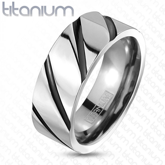 Inel din titan - inel lucios, argintiu, dungi negre oblice - Marime inel: 62