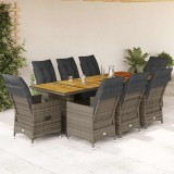 Set bistro de grădină cu perne, 9 piese, gri, poliratan